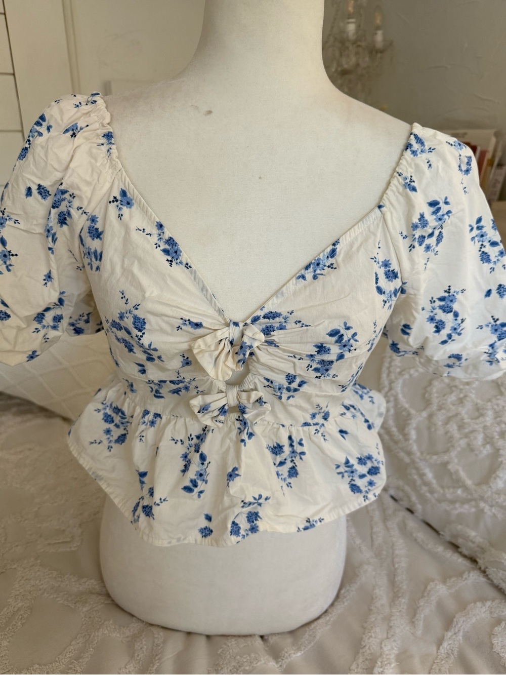 Vintage-Inspired Cream Floral Tie-Front Peplum Blouse